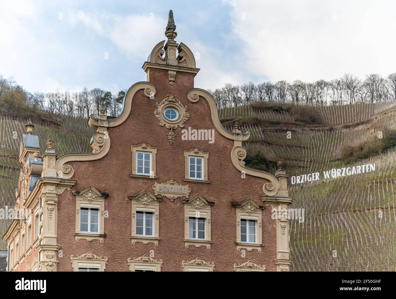 wine architecture in the Mosel Valley, Mönchhof, Ürzig, Germany Stock Photo