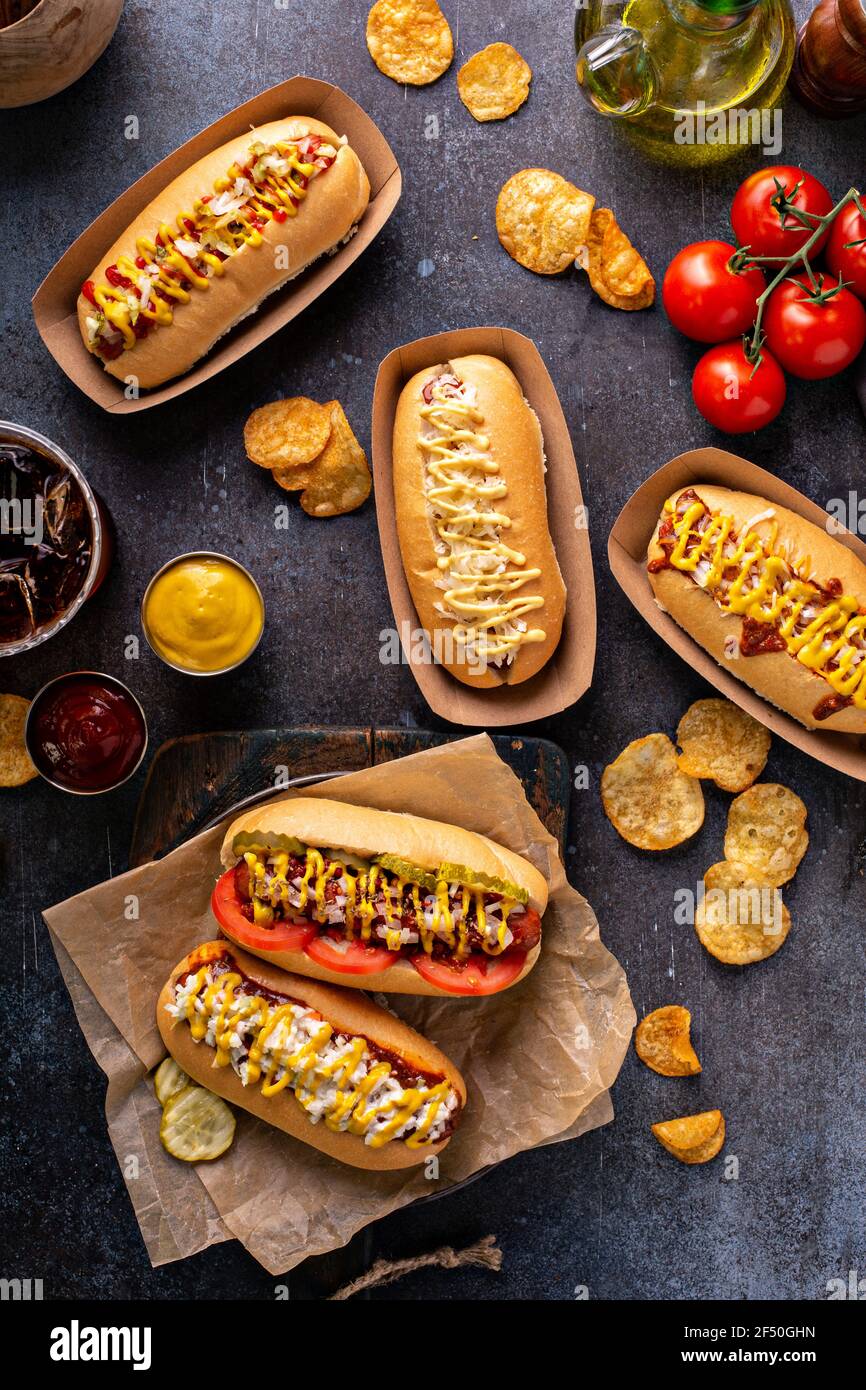 Variety of hot dogs with ketchup and mustard Stock Photo Alamy