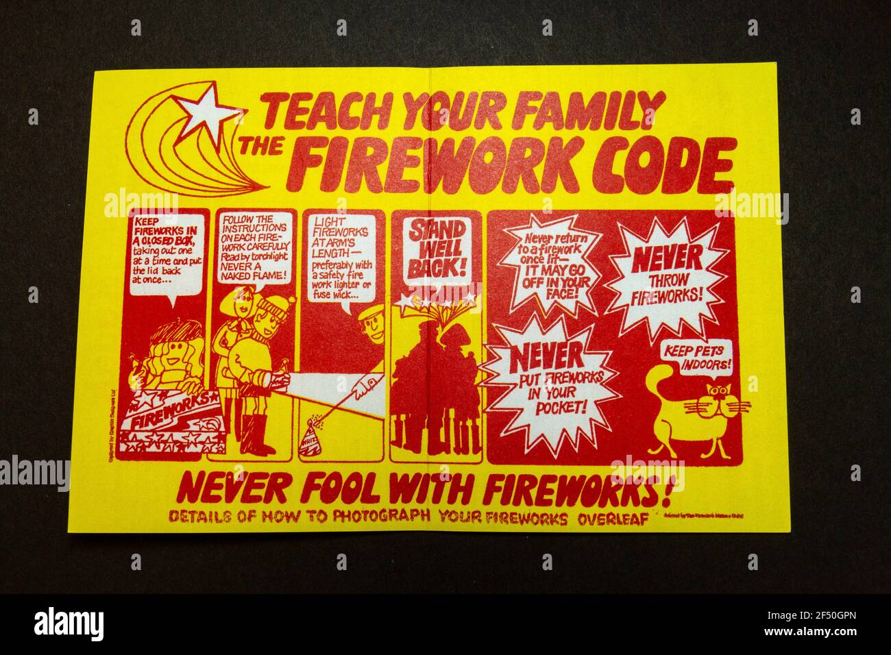 A replica of a 'Teach Your Family The Firework Code' leaflet, part of a school 1970s Childhood memorabilia pack. Stock Photo