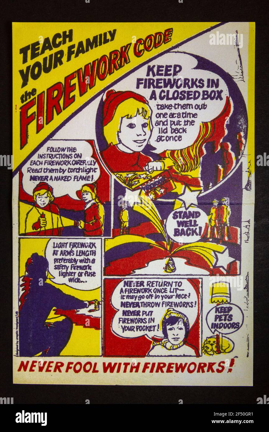 A replica of a 'Teach Your Family The Firework Code' leaflet, part of a school 1970s Childhood memorabilia pack. Stock Photo