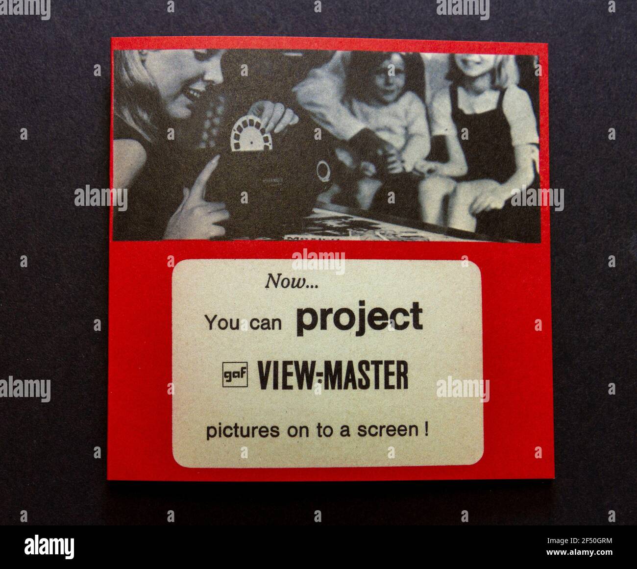 A replica leaflet advertising View-master slide projectors, (411 and 511), part of a school 1970s Childhood memorabilia pack. Stock Photo