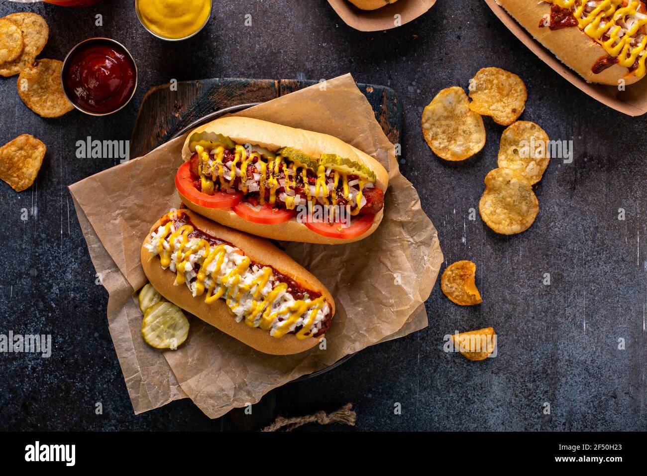 Variety of hot dogs with ketchup and mustard Stock Photo Alamy