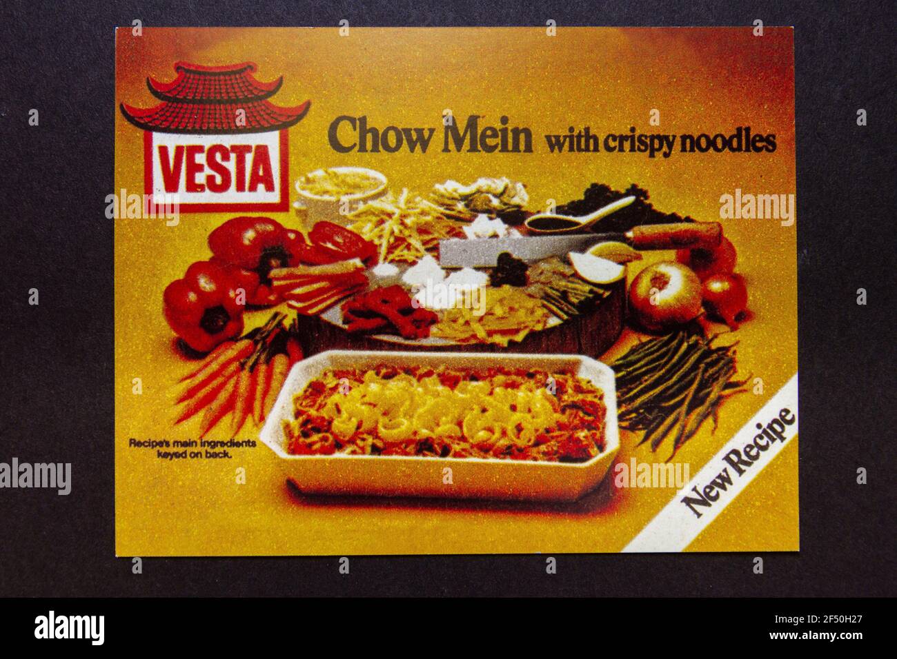 A replica advert of the Vesta Chow Mein dried food dish, part of a school 1970s Childhood memorabilia pack. Stock Photo