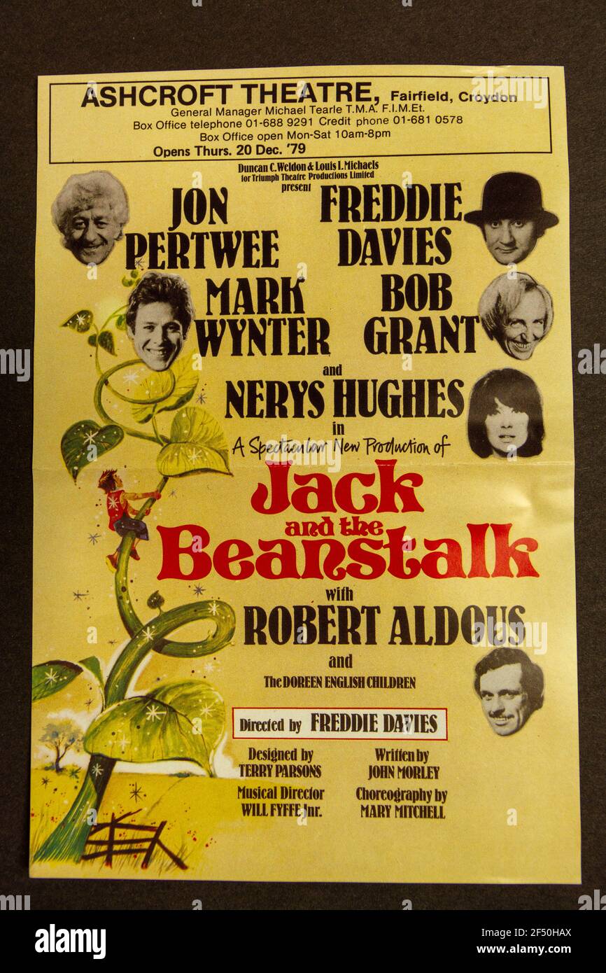 A replica advert for the Jack and the Beanstalk pantomime at Ashcroft Theatre, Croydon, Dec 1970, part of a school 1970s Childhood memorabilia pack. Stock Photo