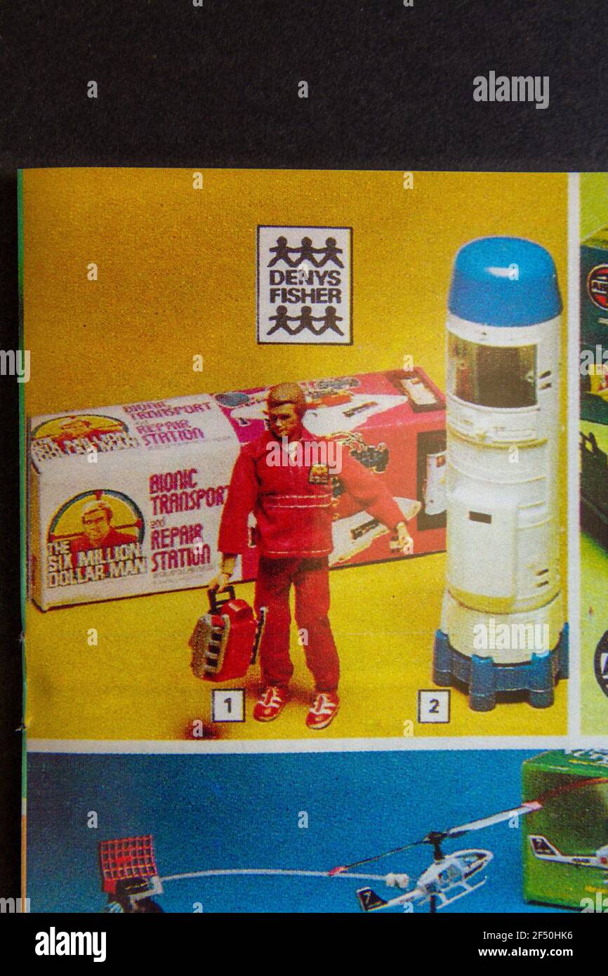 A replica Argos toys catalogue ad for the Six Million Dollar man action figure and Bionic Tranport, part of a school 1970s Childhood memorabilia pack. Stock Photo