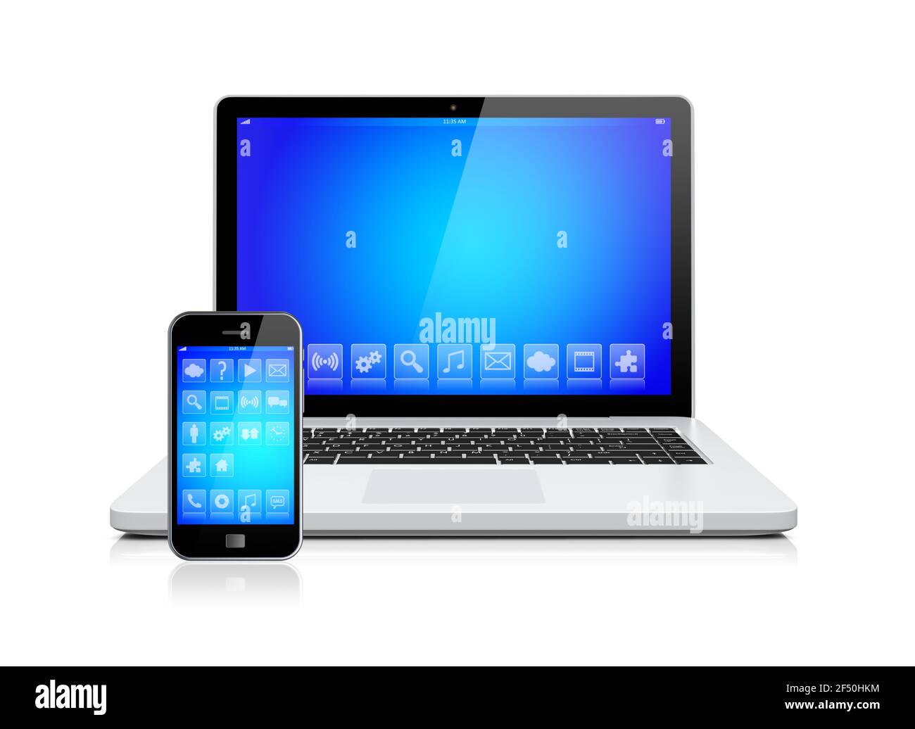 Laptop and mobile smartphone gadget with a blue background and apps on ...