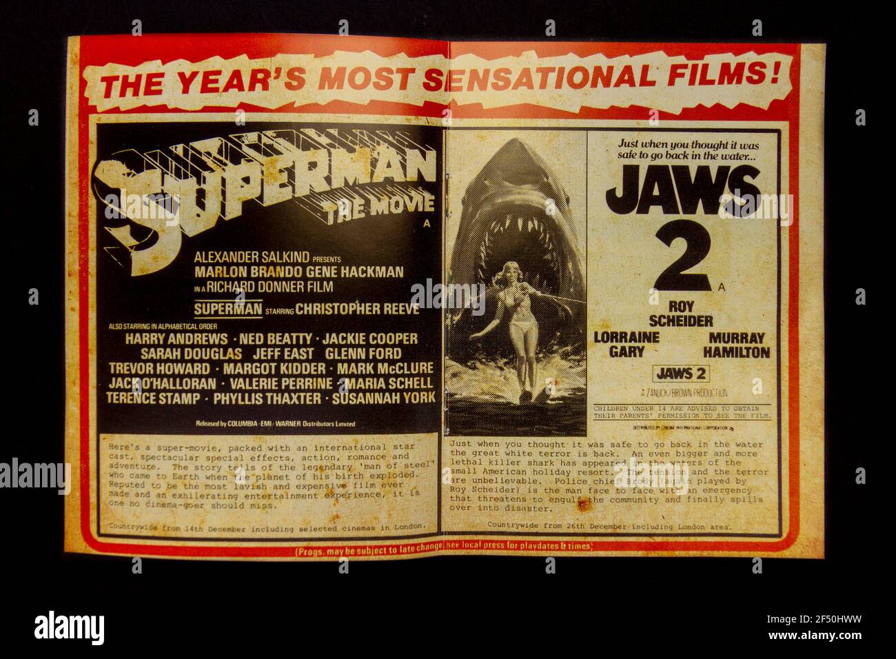 A replica EMI Preview booklet centre page ads for 'Superman' and 'Jaws 2', part of a school 1970s Childhood memorabilia pack. Stock Photo