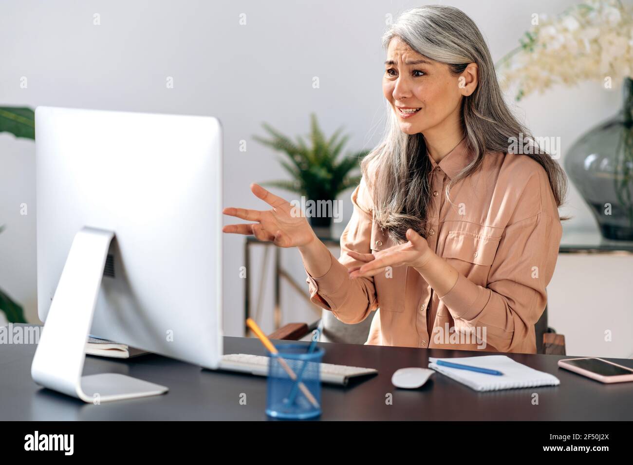 A discouraged shocked upset gray-haired asian businesswoman, communicates via video communication, conducts online briefing with partners or employees, works remotely,gestures with hands,uses computer Stock Photo