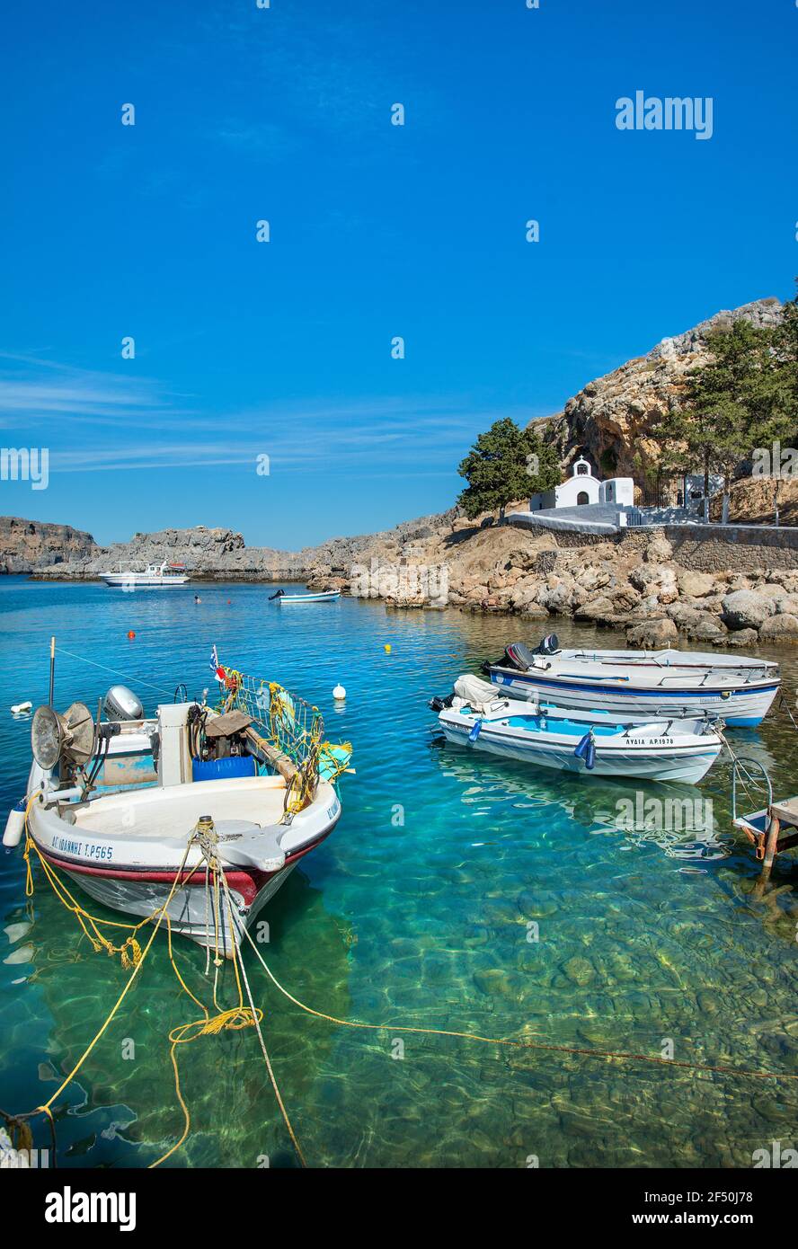 St Paul's Bay, Lindos, Rhodes, Greece Stock Photo
