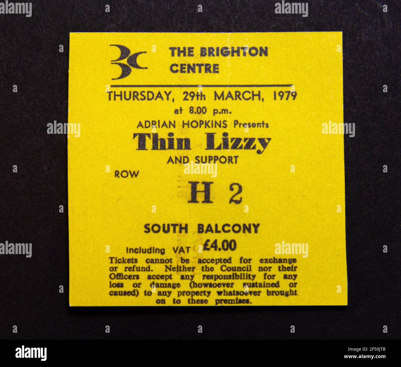 A replica concert ticket for Thin Lizzy at the Brighton Centre, on 29th March 1979, part of a school 1970s Childhood memorabilia pack. Stock Photo