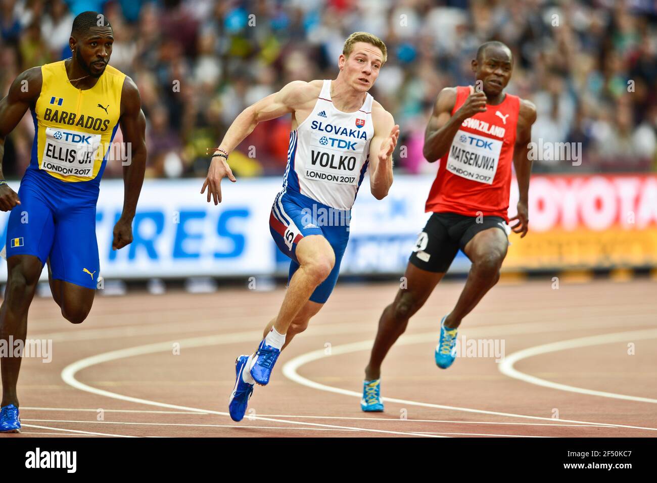 Jan Volko (Slovakia), Burkheart Ellis Jr (Barbados), Sibusiso Matsenjwa (Swaziland). 200 metres men, heats. IAAF World Championships London 2017 Stock Photo