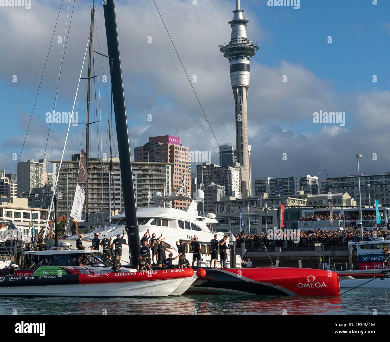 Auckland, New Zealand, 17 March, 2021 -  Emirates Team New Zealand's Te Rehutai, skippered by Peter Burling, returns to their dock to be welcomed by thousands of supporters following their defeat of Italian challengers Luna Rossa Prada Pirelli. Rob Taggart/Alamy Stock Photo