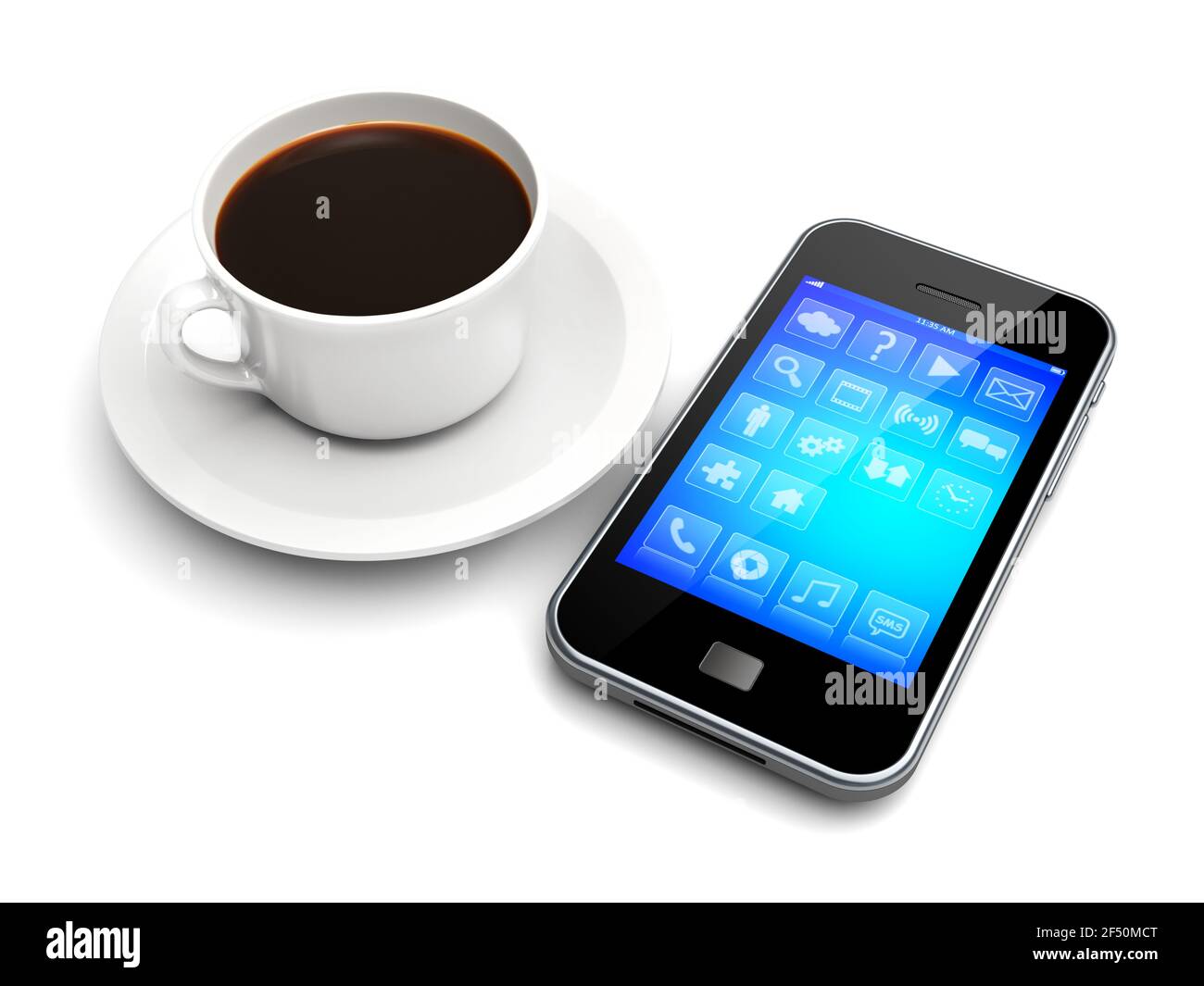 Mobile smartphone with app icons on a screen and coffee cup lying beside Stock Photo