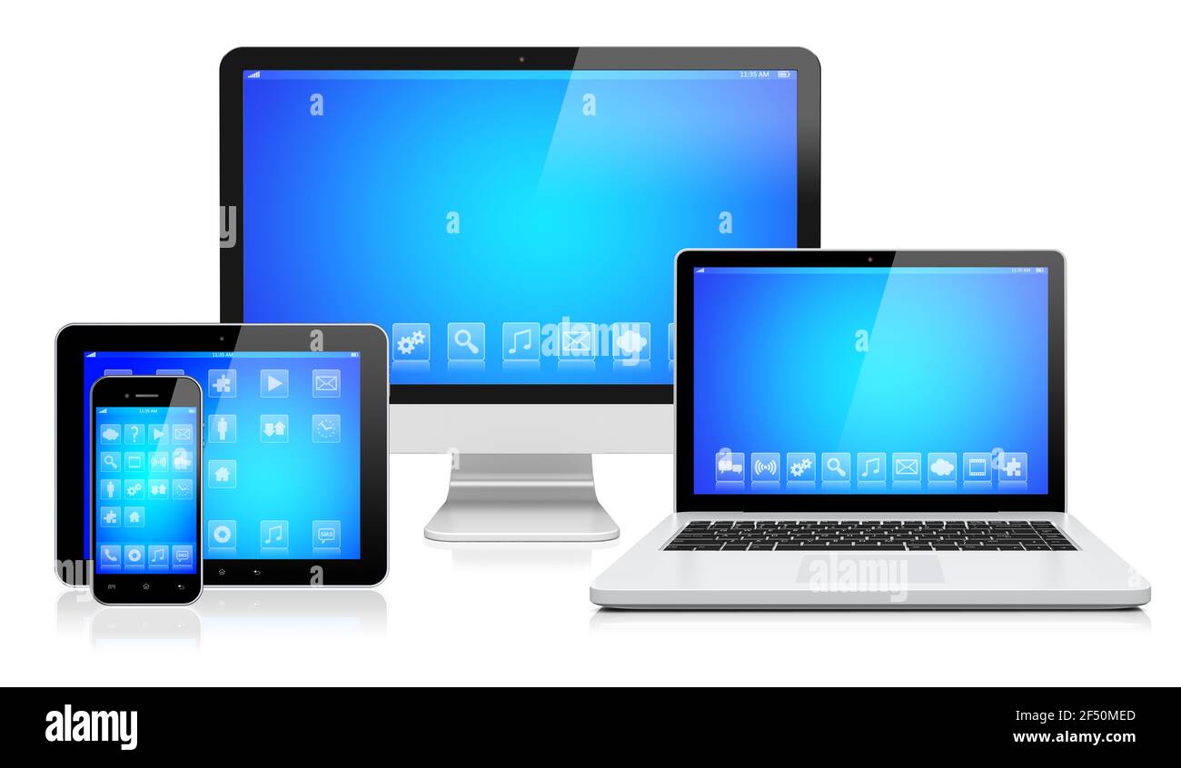 Desktop computer monitor, laptop, tablet pc,  and mobile smartphone with a blue screen and apps. Isolated on a white. 3d image Stock Photo