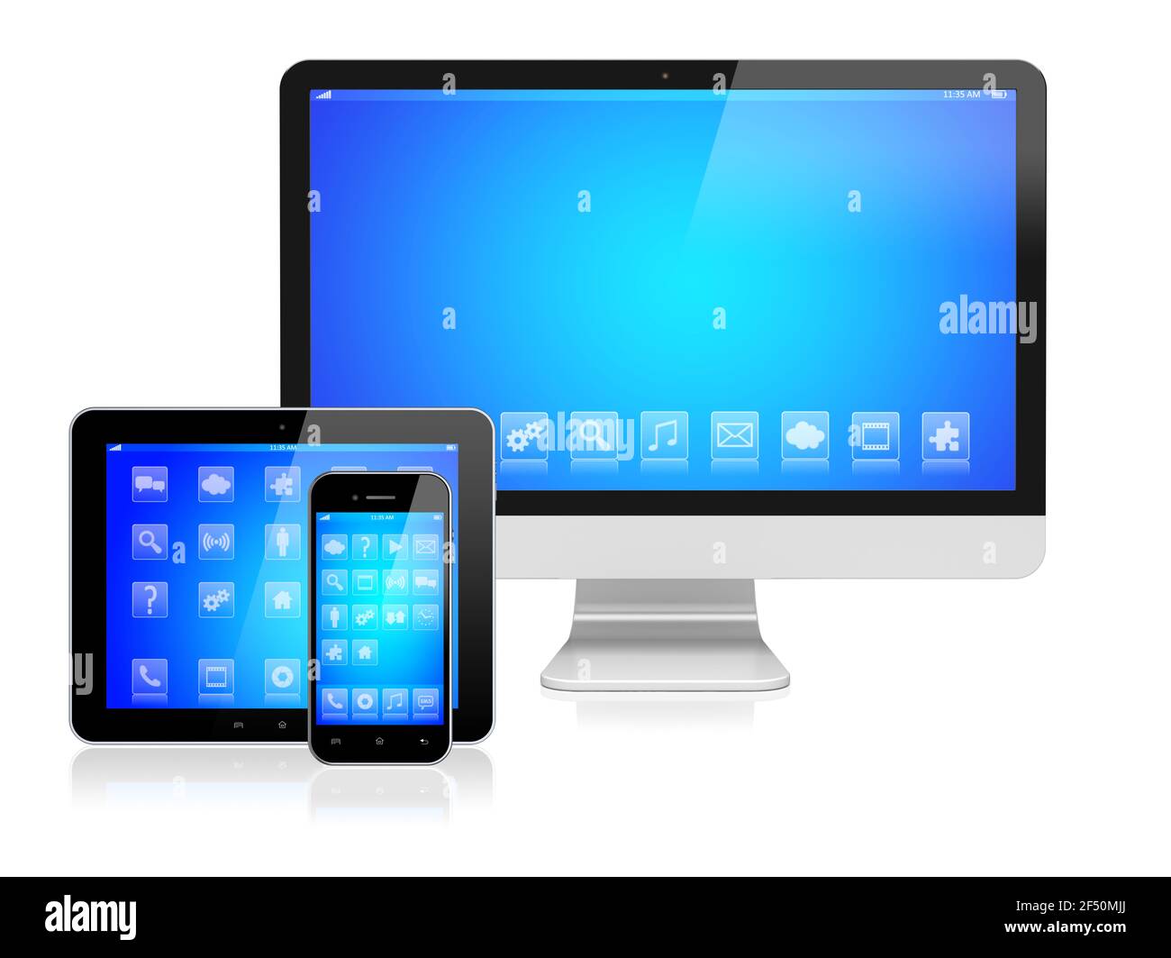 Desktop computer monitor, tablet pc, and mobile smartphone with a blue screen and apps. Isolated