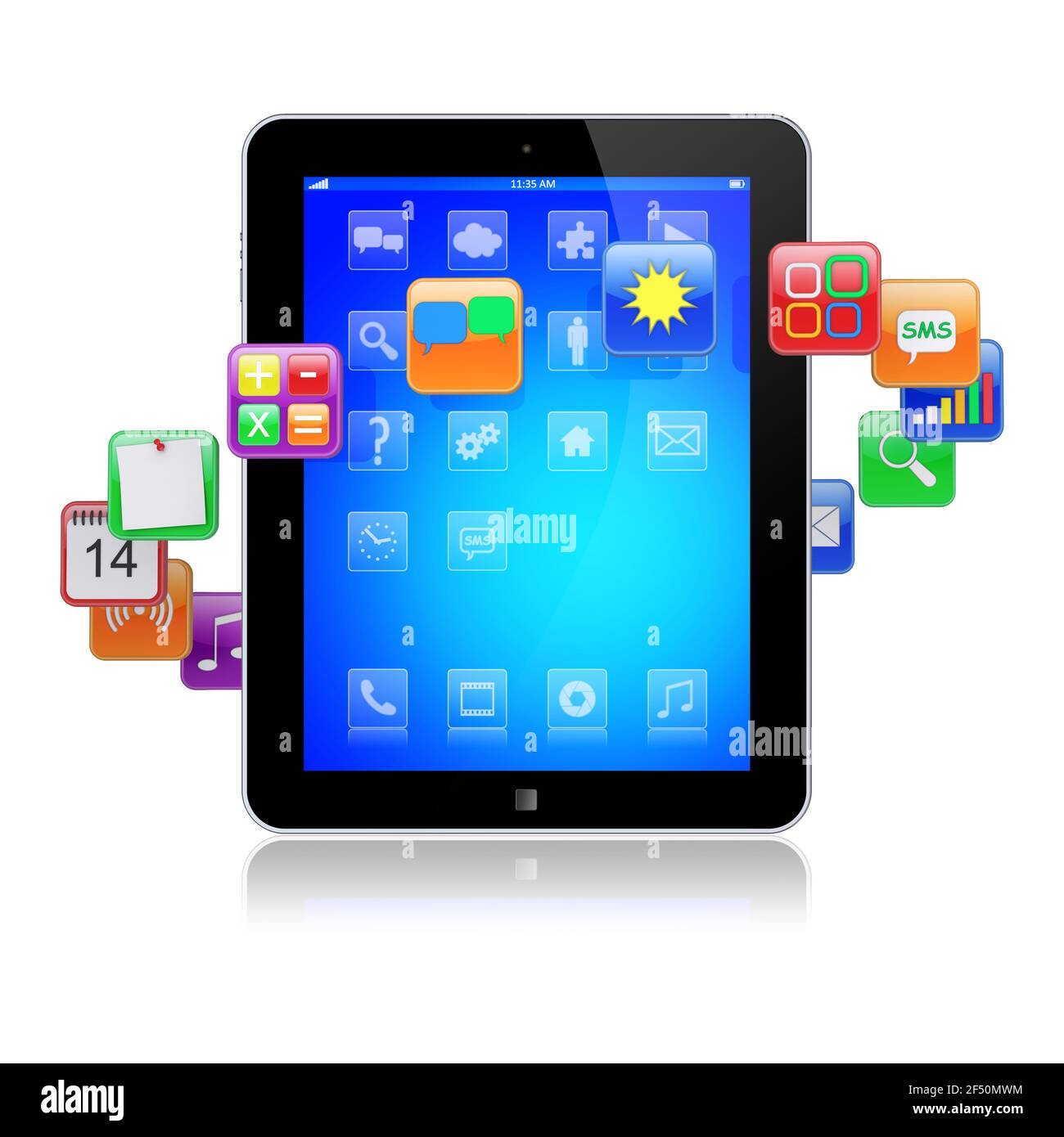 Tablet pc computer gadget with software apps icons. Media technology concept.  3d image Stock Photo