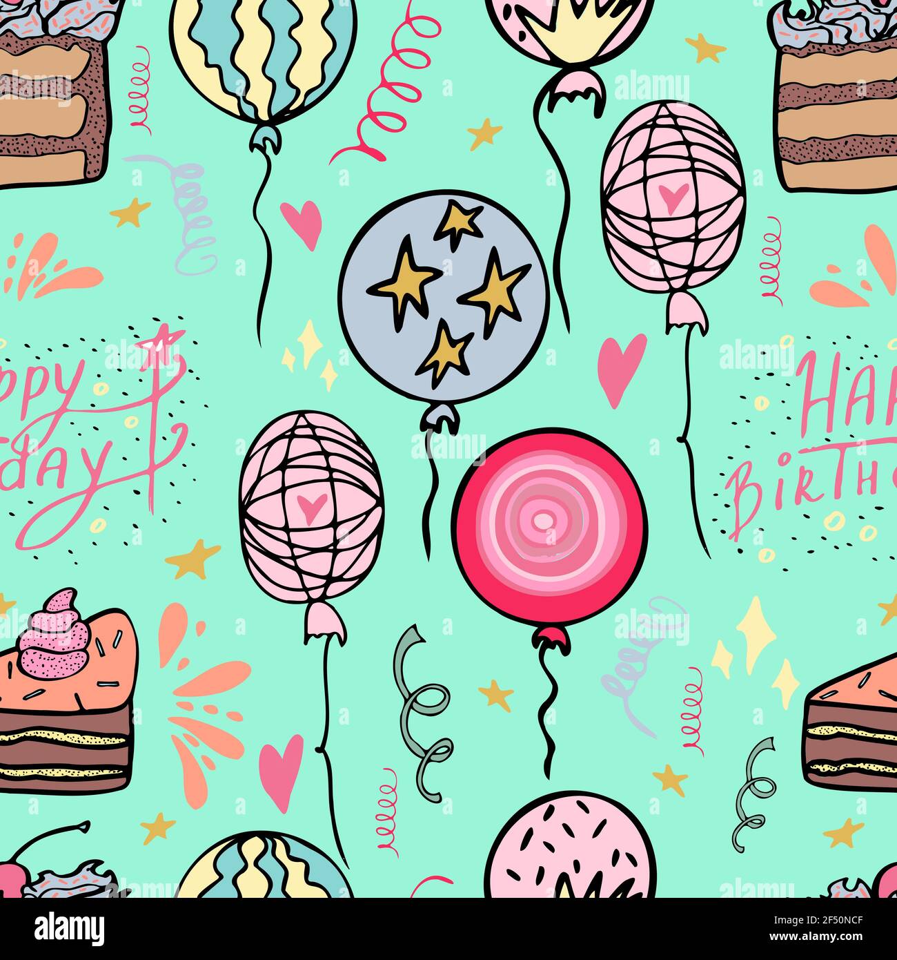 vector seamless pattern happy birthday cake pieces and air balloons ...