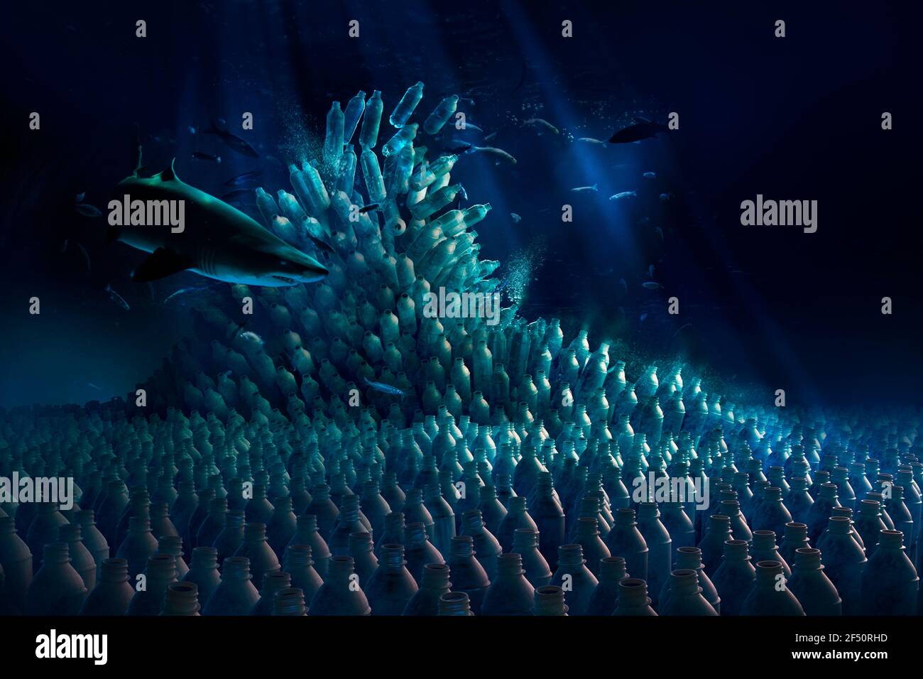 Shark circling mass of plastic bottle pollution on sea floor Stock Photo