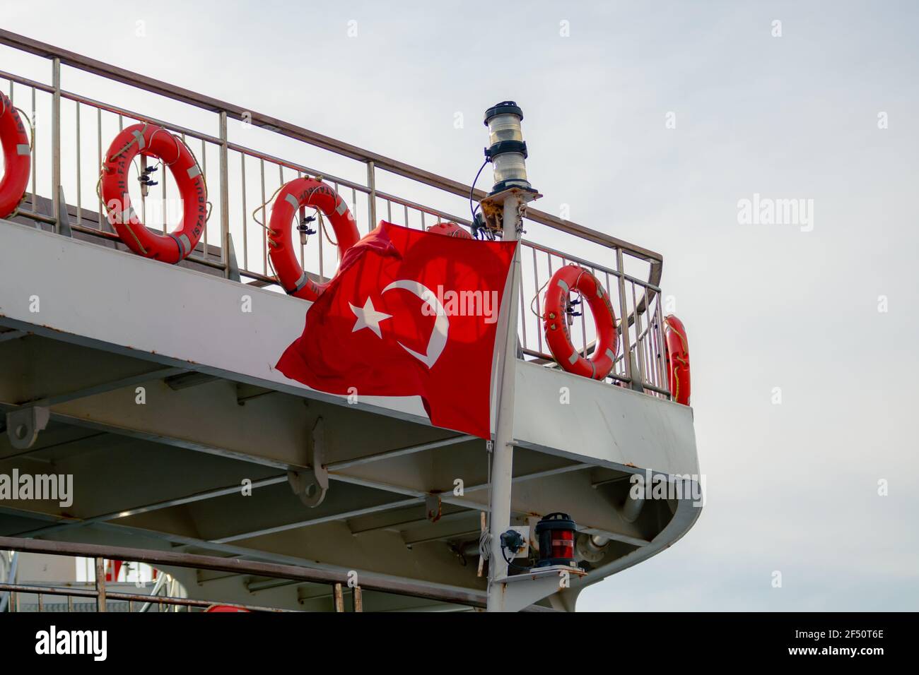 Flag of Turkey on the ferry. Turkish Nation. Turkish independence day. 19th may, 23th april, 30th august, 29th october. Stock Photo