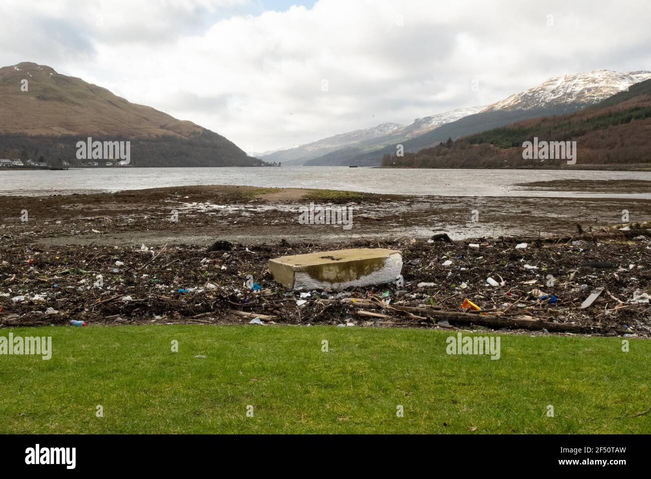 Marine litter including plastic and polystyrene washed up on the shores of Arrochar at the head of Loch Long, Scotland, UK Stock Photo