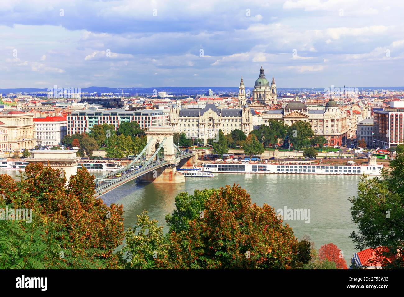 Hungary. Budapest. View on Danube, Chain Bridge and St. Stephen's Basilica Stock Photo
