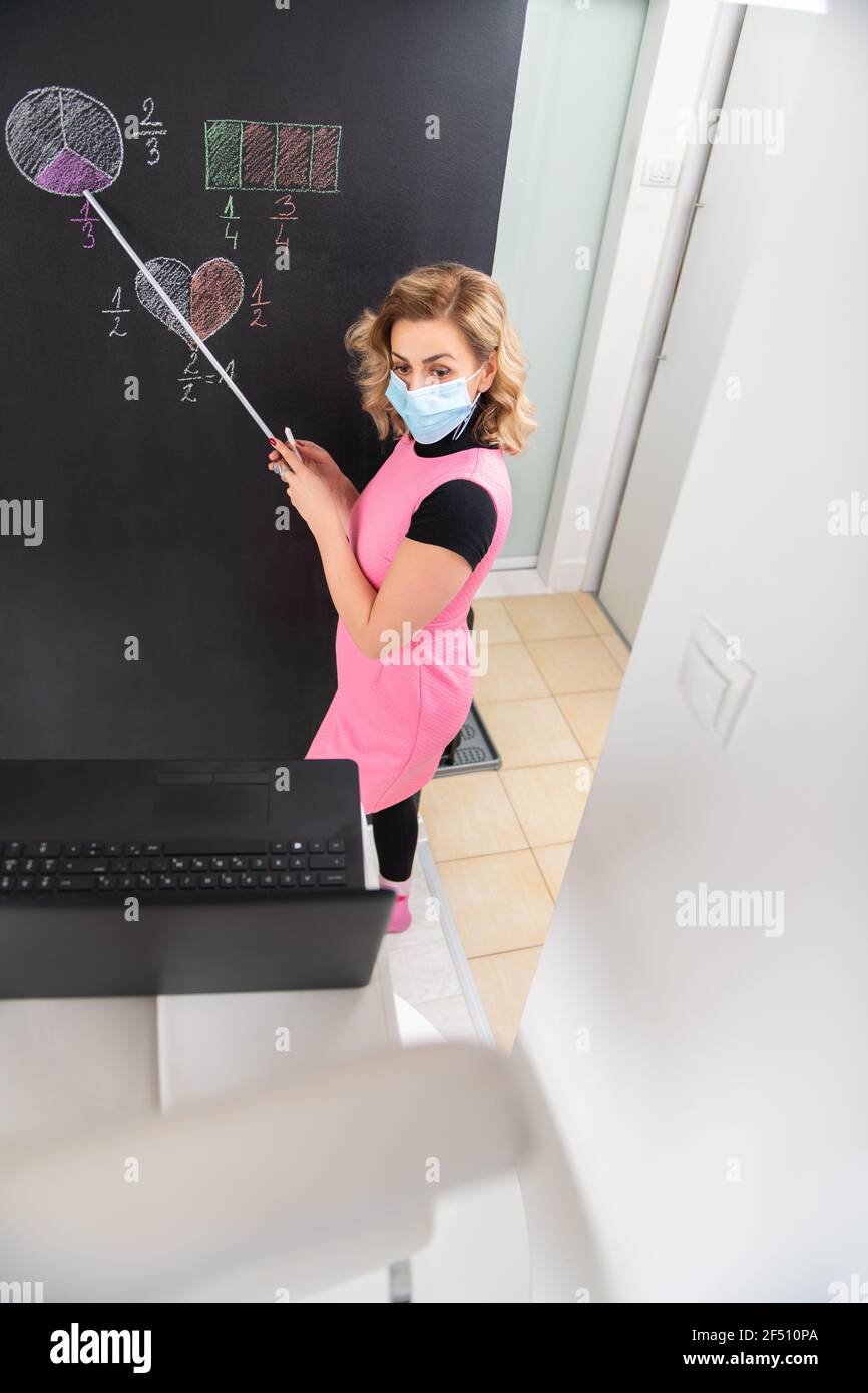 Young female math teacher wearing mask and explaining fractals Stock ...