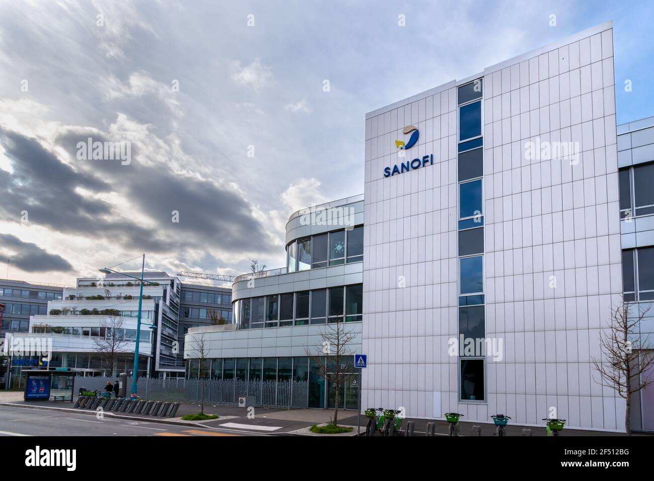 Gentilly, France, March 21, 2021: Exterior view of the Sanofi head office building. Sanofi is a French company specializing in the health sector Stock Photo