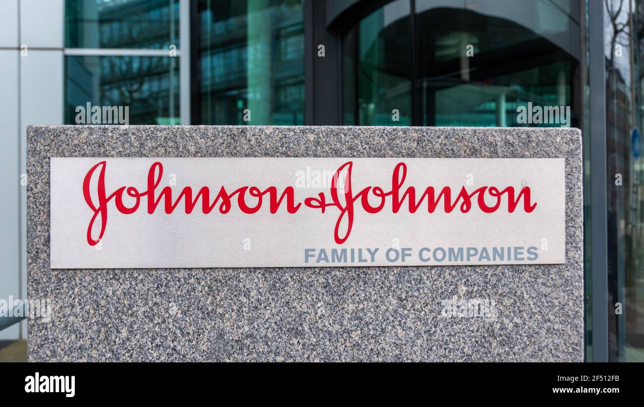 Logo at the entrance to the French headquarters of Johnson and Johnson Santé Beauté, Issy-les-Moulineaux, France Stock Photo