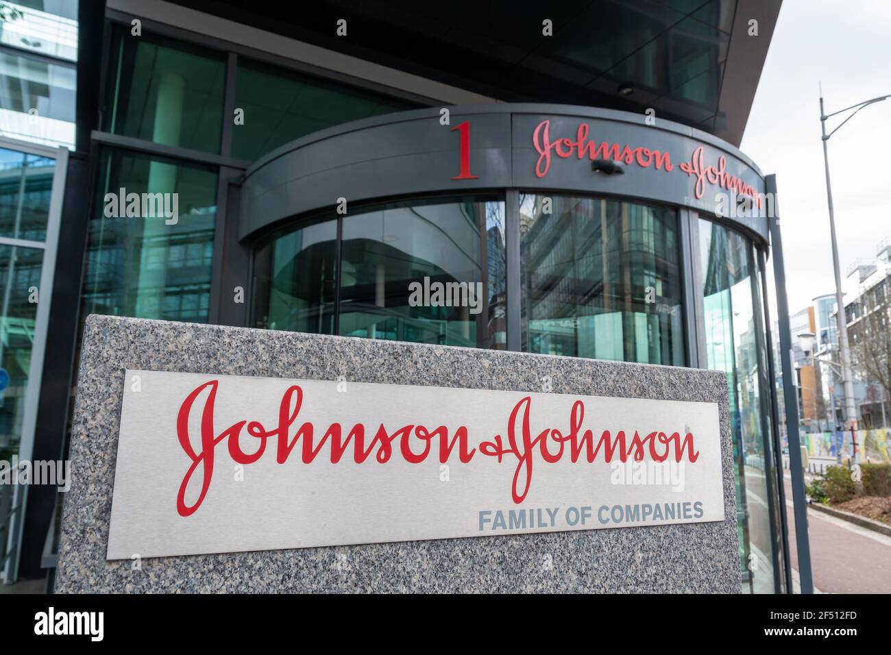 Entrance to the French headquarters of Johnson and Johnson Santé Beauté France, subsidiary of the American pharmaceutical company Johnson and Johnson Stock Photo