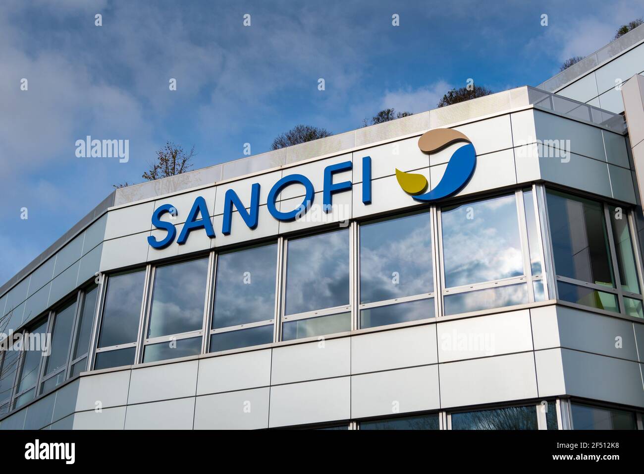 Gentilly, France, March 21, 2021: Logo on the head office building of Sanofi. Sanofi is a French company specializing in the health sector Stock Photo