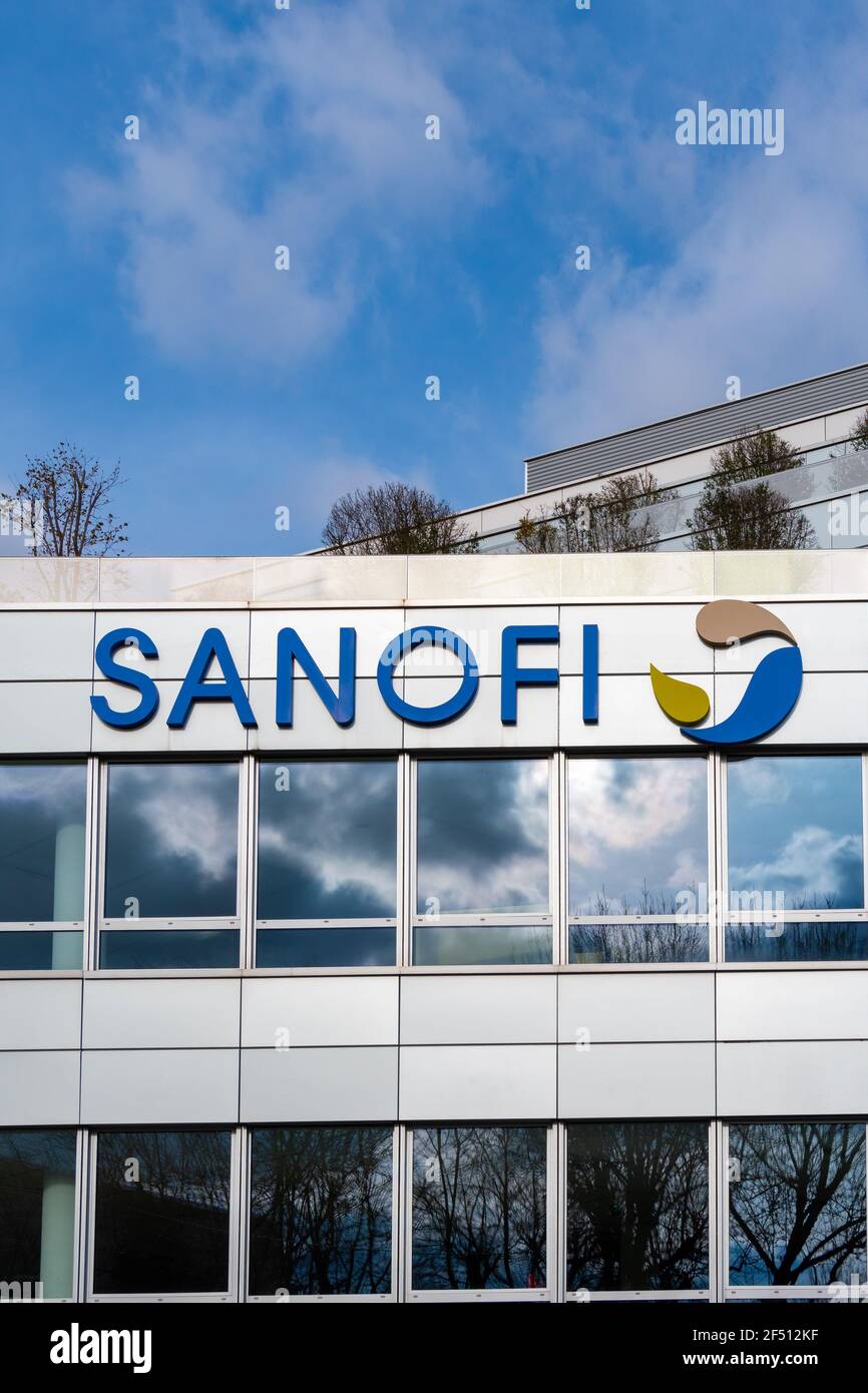 Gentilly, France, March 21, 2021: Logo on the head office building of Sanofi. Sanofi is a French company specializing in the health sector Stock Photo