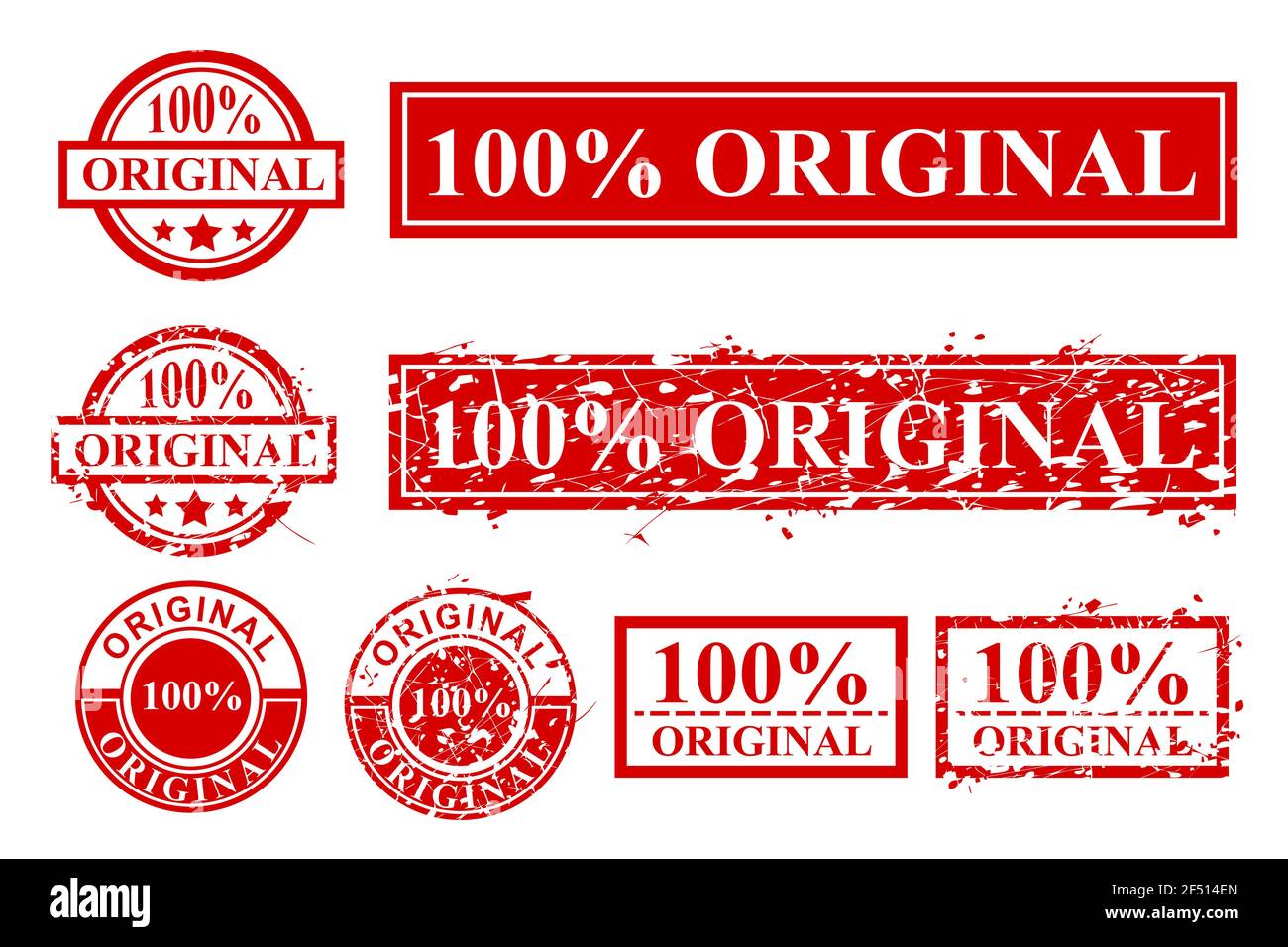 Simple Vector Various Style Red Rubber Stamp, 100% Original, Circle and Rectangle Isolated on White Stock Vector
