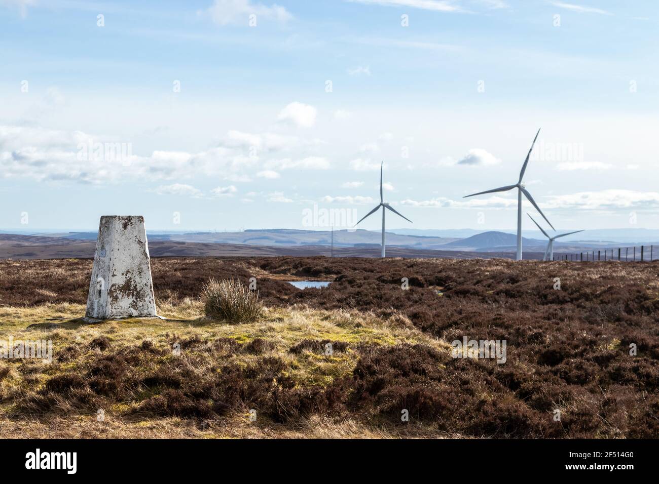 The summit of Meikle Says Law hill with a wind farm behind, Lammermuir hills, East Lothian Stock Photo