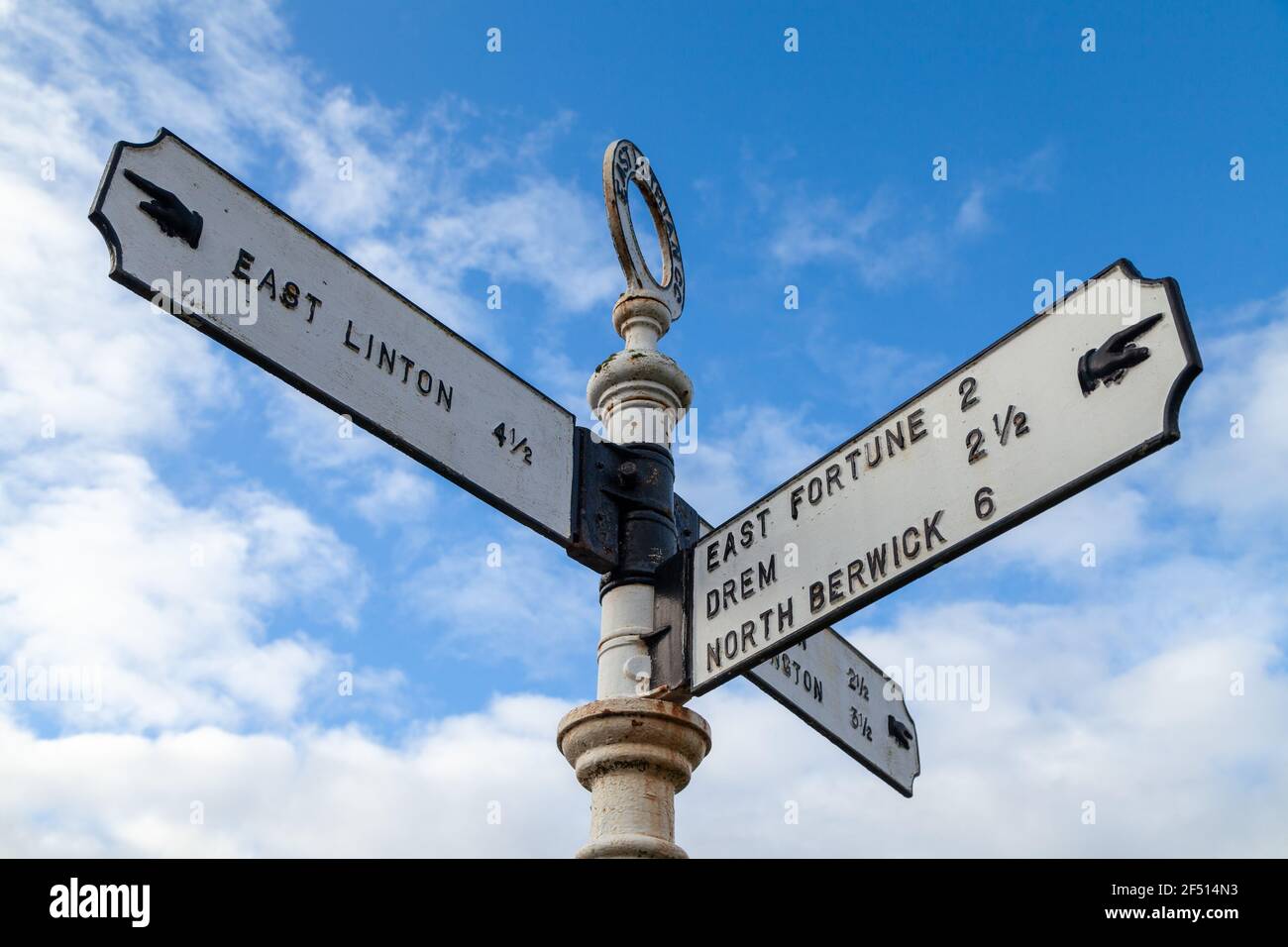 An old metal road sign post in Athelstaneford pointing towards Drem ...