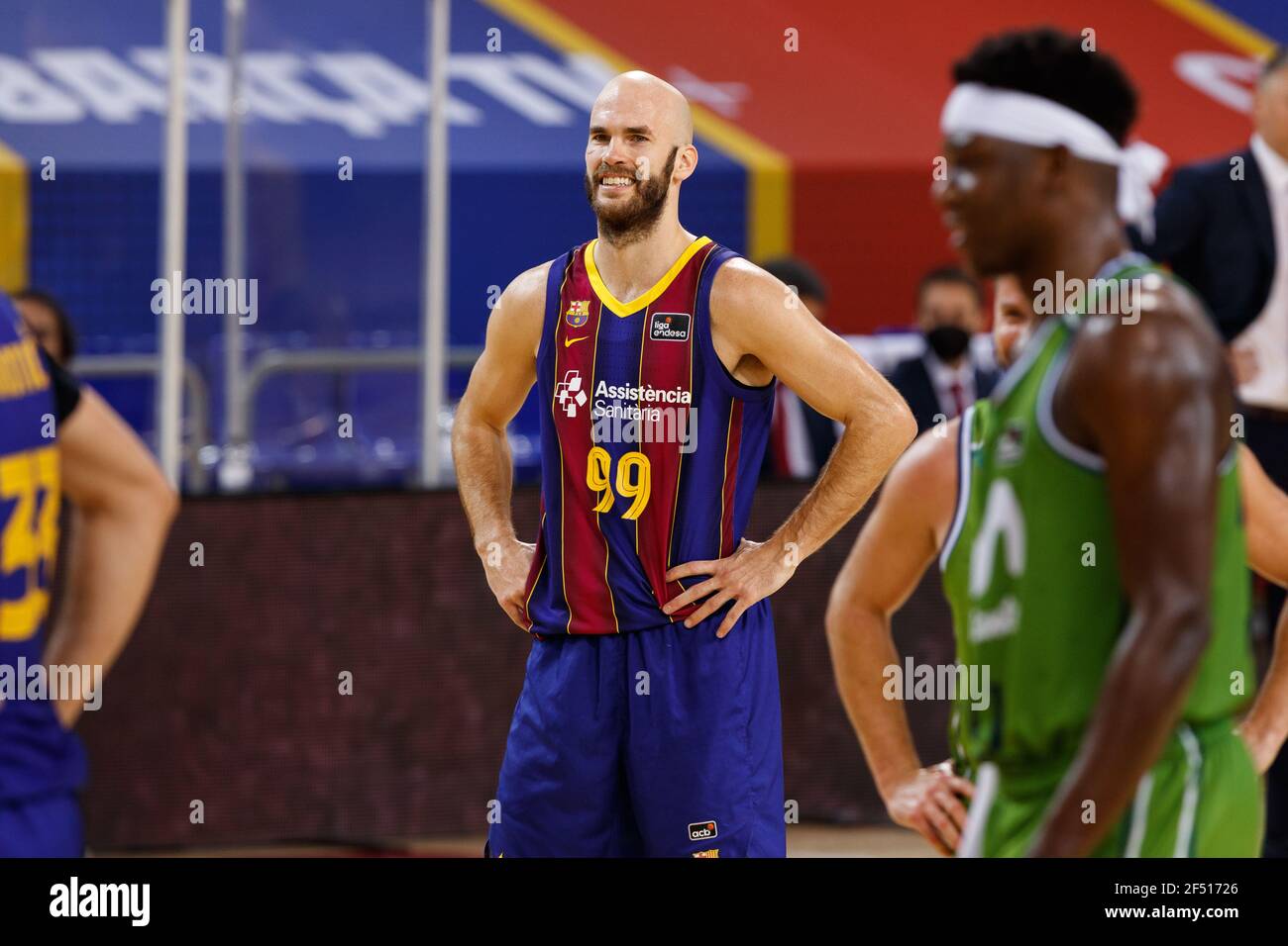 Nick Calathes of FC Barcelona during the Liga Endesa match between FC Barcelona and Movistar Estudiantes at Palau Blaugrana in Barcelona, Spain. Stock Photo
