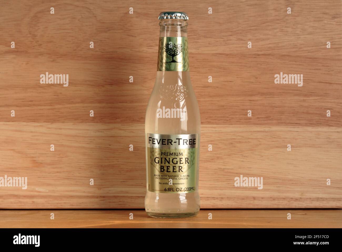 bottle of Fever-Tree Ginger Beer, a non-alcoholic ginger beer made from three kinds of ginger from Cochin, India, the Ivory Coast, and Nigeria Stock Photo