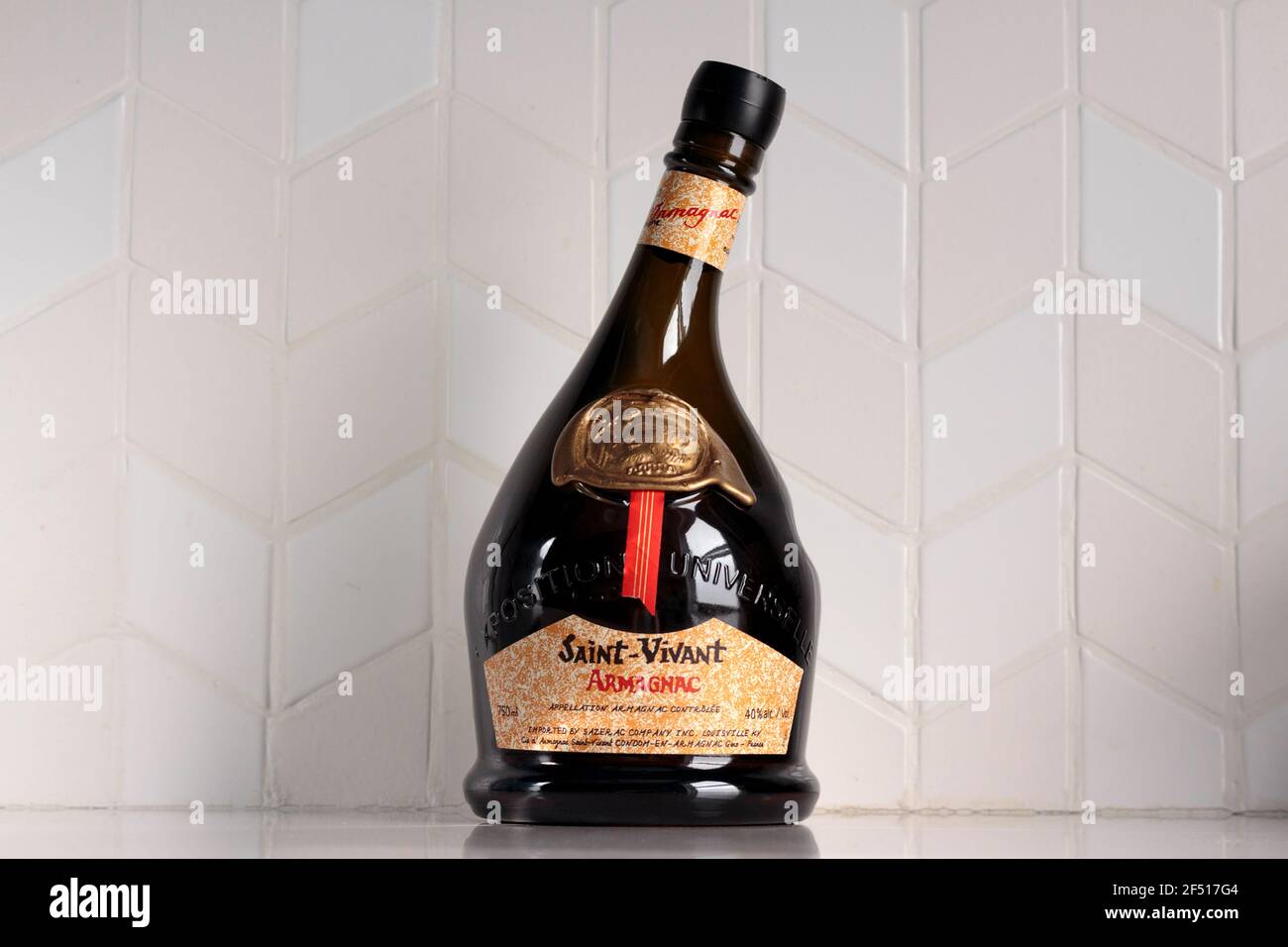 bottle of Saint-Vivant Armagnac, a smooth, high quality French brandy from the region of Gascony Stock Photo