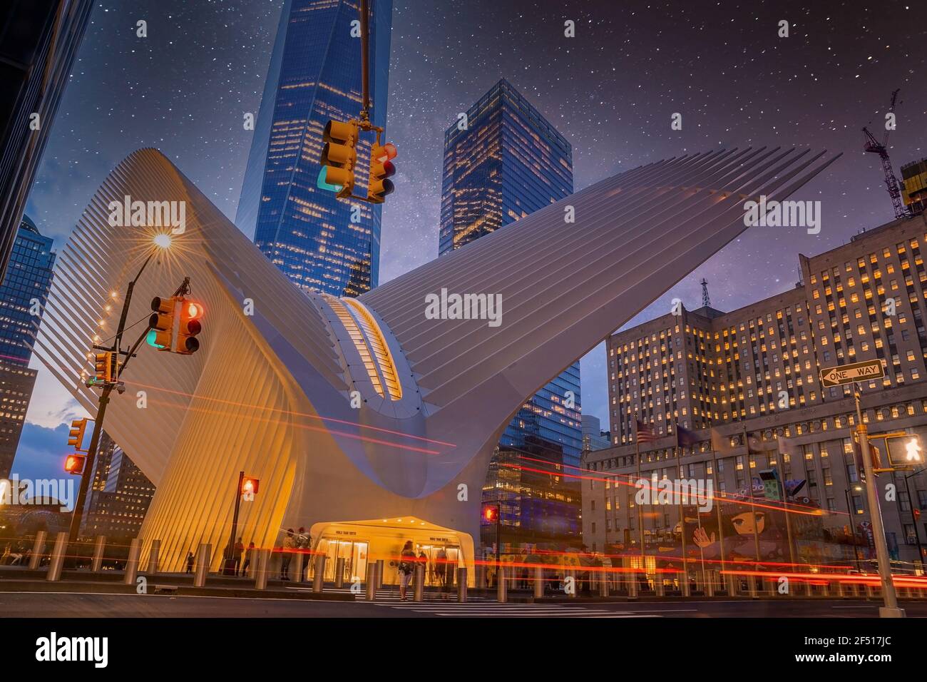 View of the Oculus architecture details in Lower Manhattan at sunset. Stock Photo