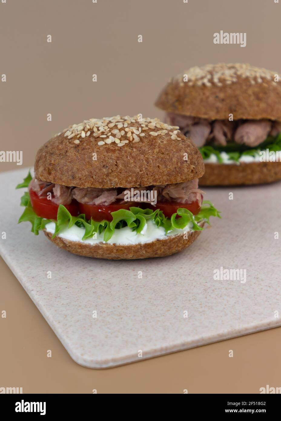 Keto Sandwich with tuna, lettuce, fresh cucumber and tomato slices. The