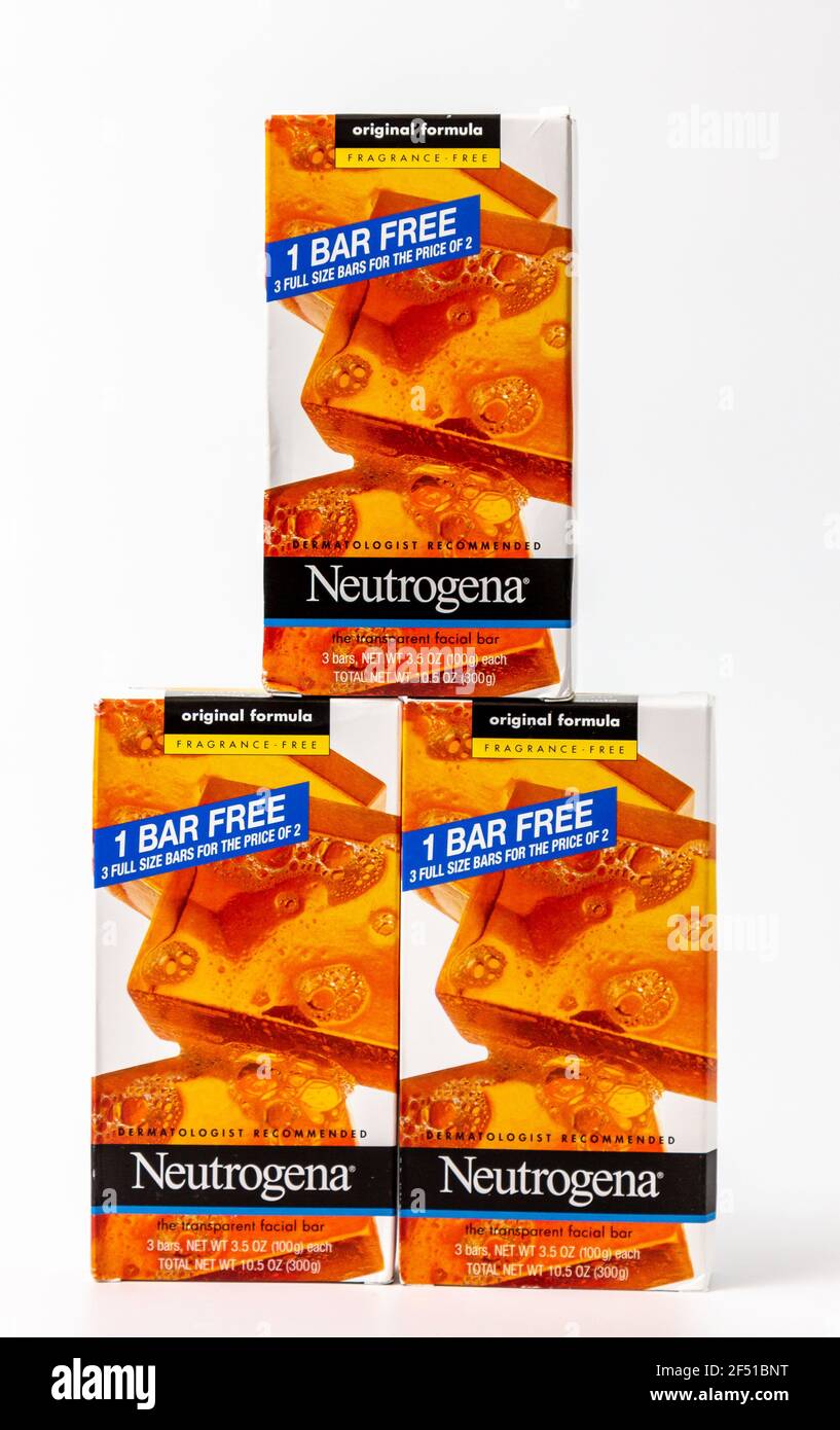 ST. PAUL, MN,USA - MARCH 9, 2021 - Neutrogena facial soap packages and trademark logo. Stock Photo