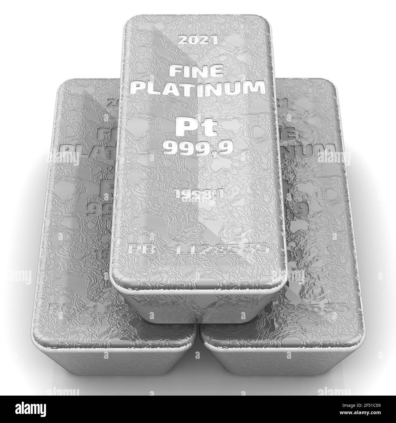 The highest standard platinum bars. Three ingots of 999.9 Fine Platinum lie on white surface. 3D illustration Stock Photo
