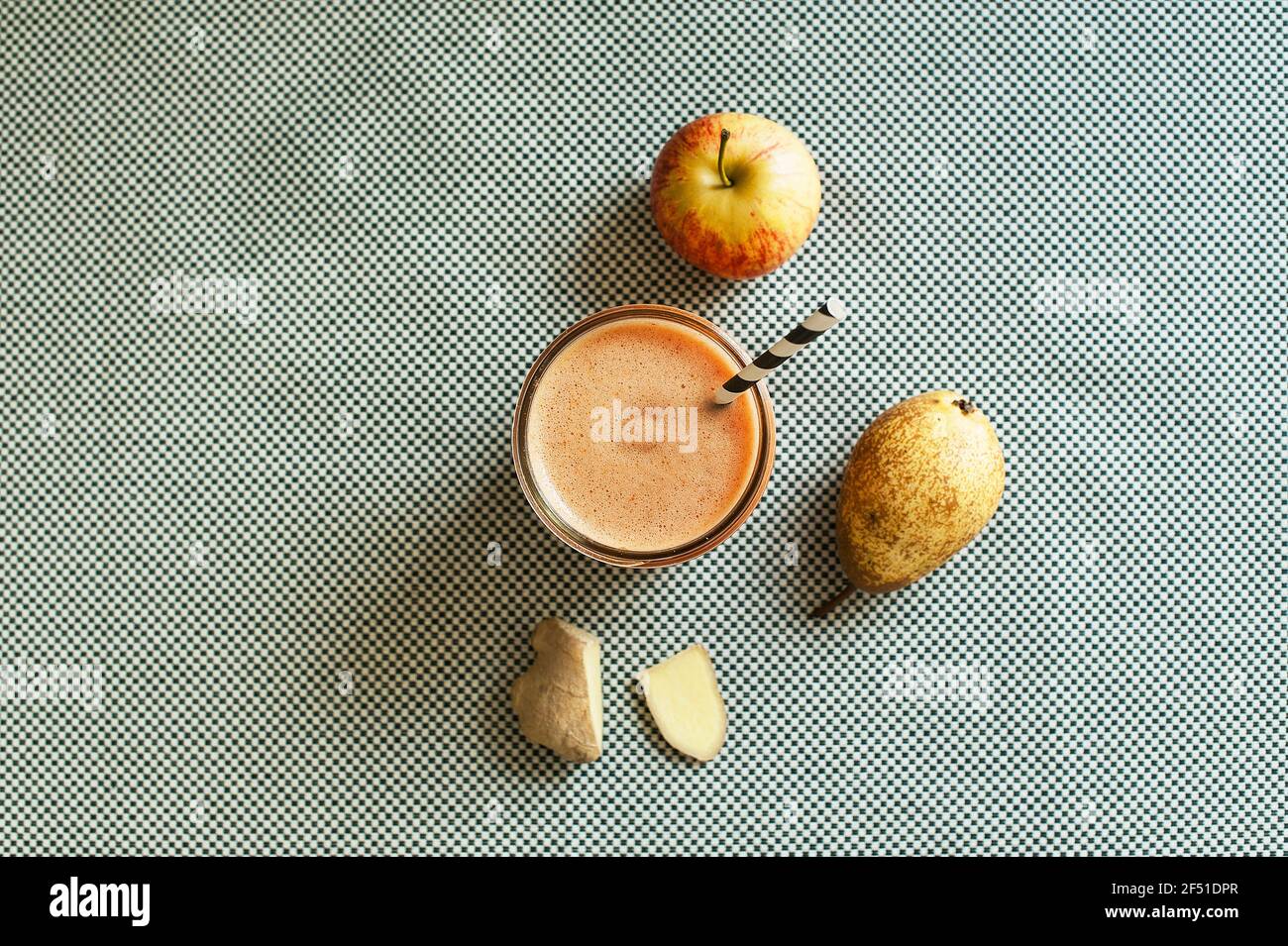 Top view of homemade apple and pear juice with ginger. Juice diet concept Stock Photo