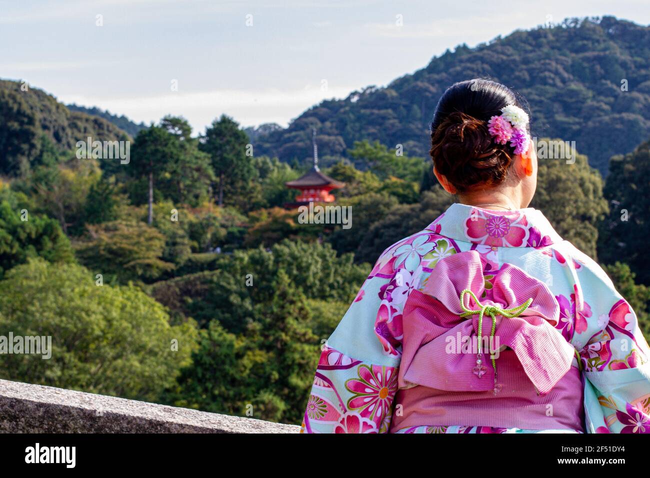 Iconic Buddhist temple on Mount Otowa known for the scenic views afforded from its sizable veranda. Stock Photo