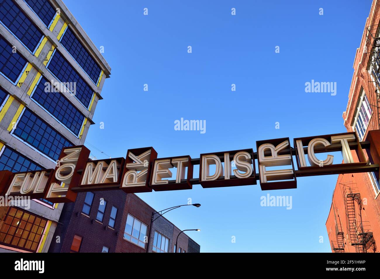 Chicago, Illinois, USA. A sign on a street portal in the West Loop announces the entry into the Fulton Market District just west of downtown. Stock Photo