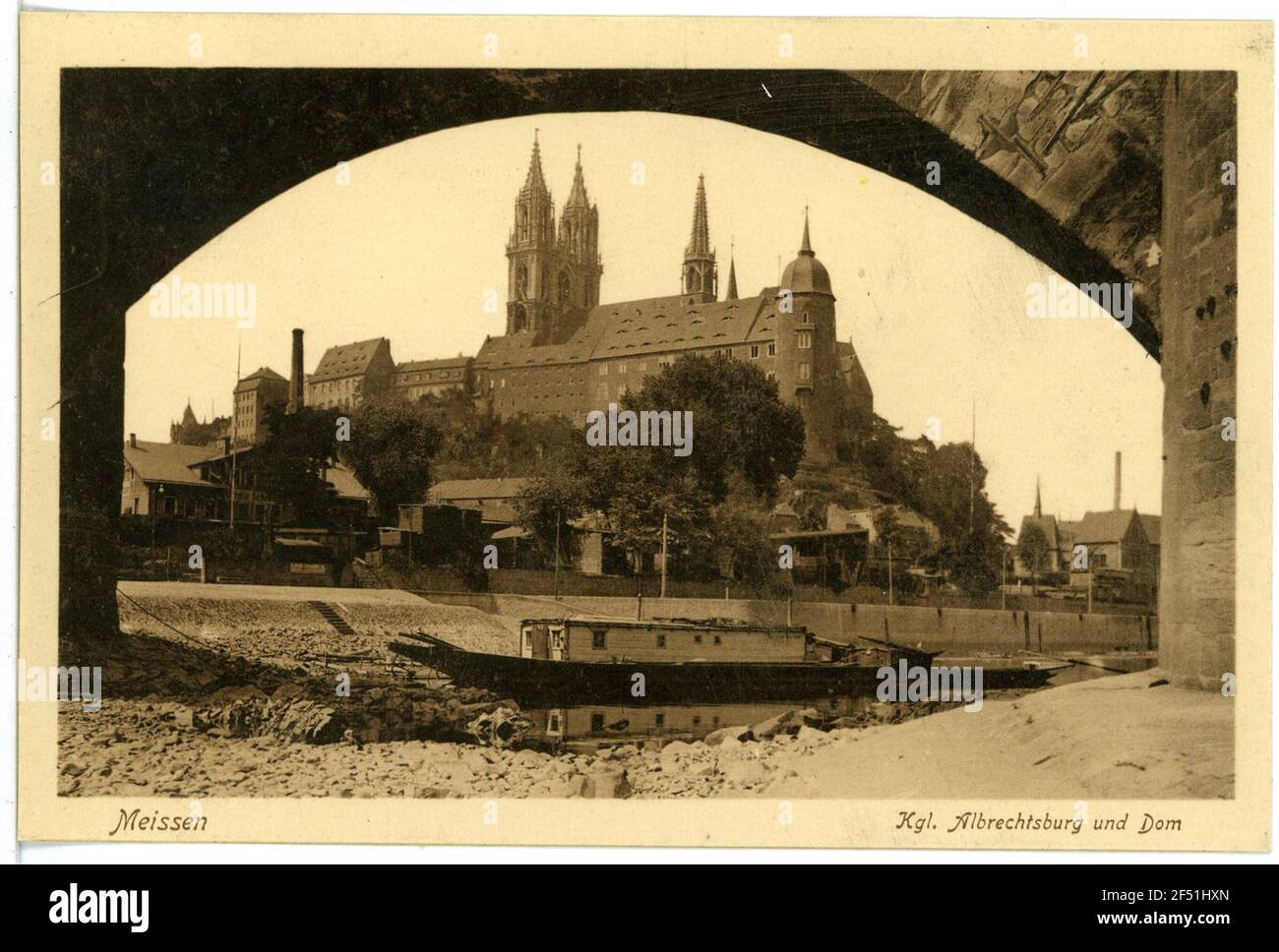 View through the Elbbrücke to the Burgberg Meissen. View through the Elbbrücke to the Burgberg Stock Photo