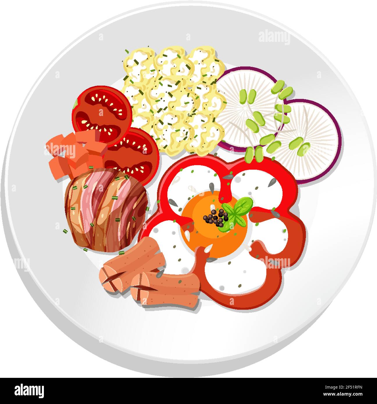 Top view of breakfast set on a dish isolated illustration Stock Vector ...