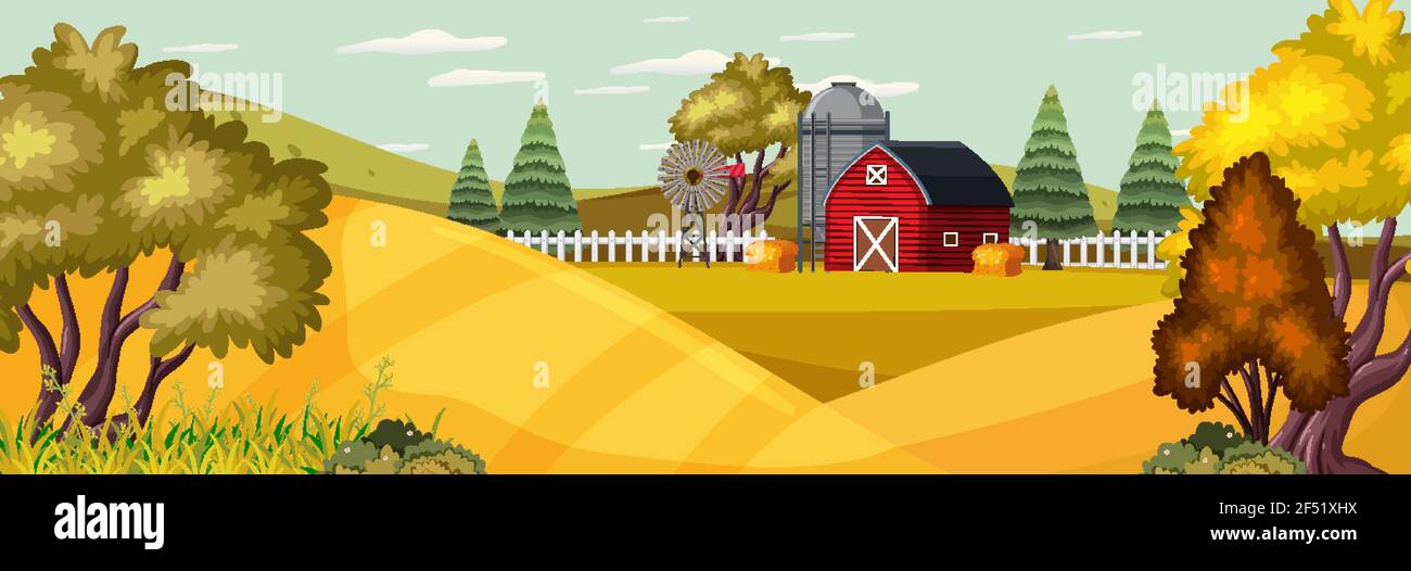 Farm landscape with field and red barn in autumn season illustration ...