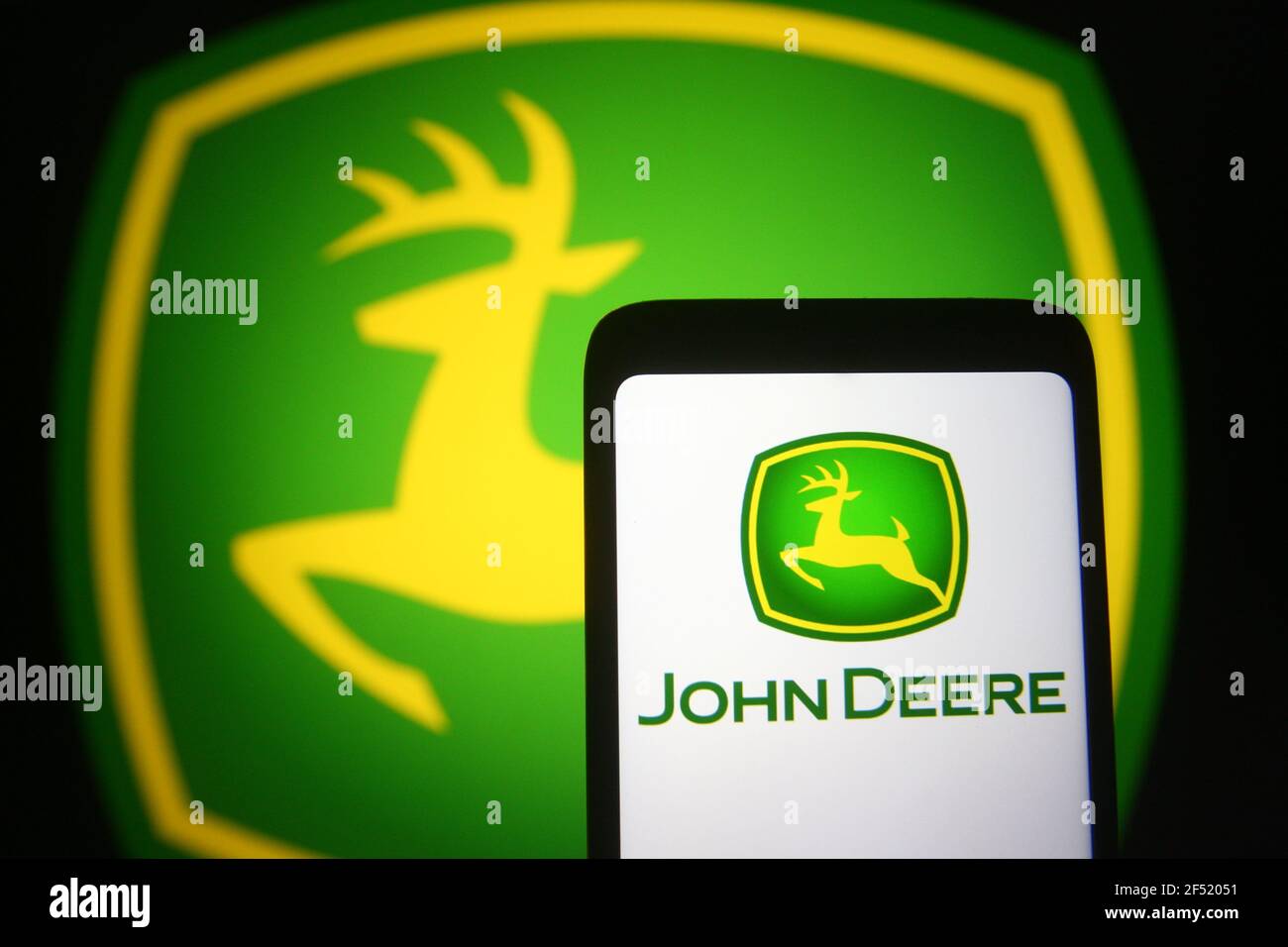 Ukraine. 23rd Mar, 2021. In this photo illustration, John Deere logo of