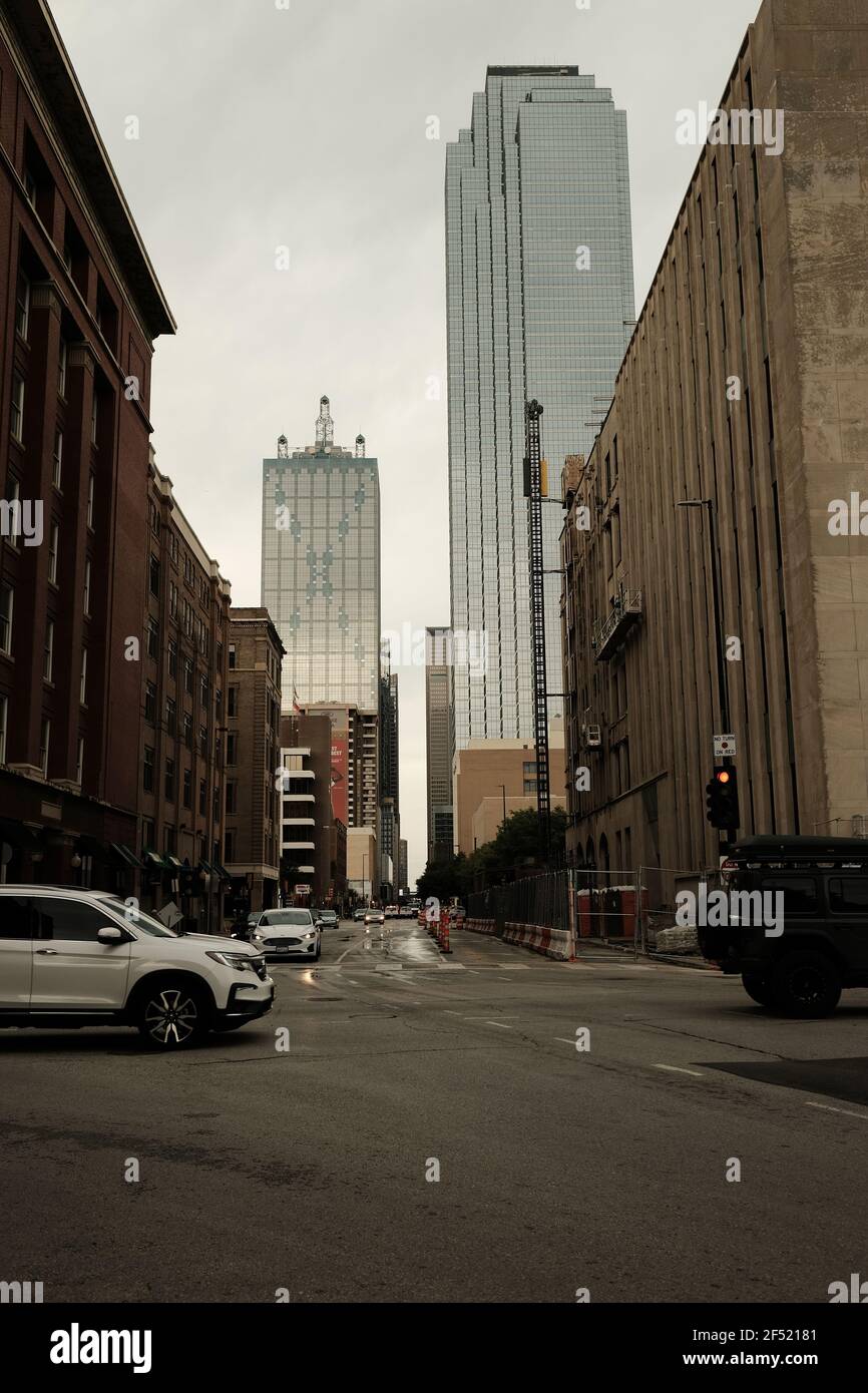 Street scene of a busy intersection from downtown Dallas in the late afternoon Stock Photo