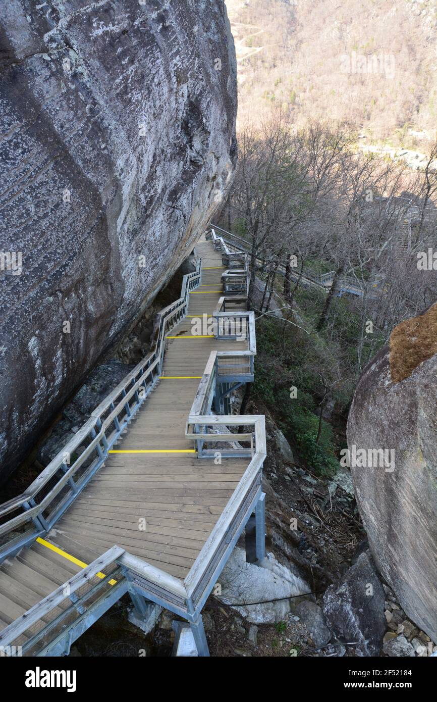 The hiking stairs leading up to Chimney Rock in North Carolina. Stock Photo